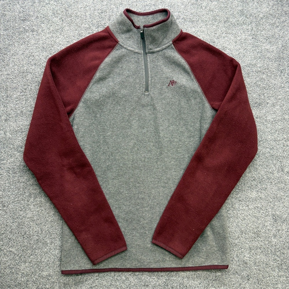 Aeropostale Mens Fleece Quarter Zip Pullover Grey Burgundy Colorblock XS